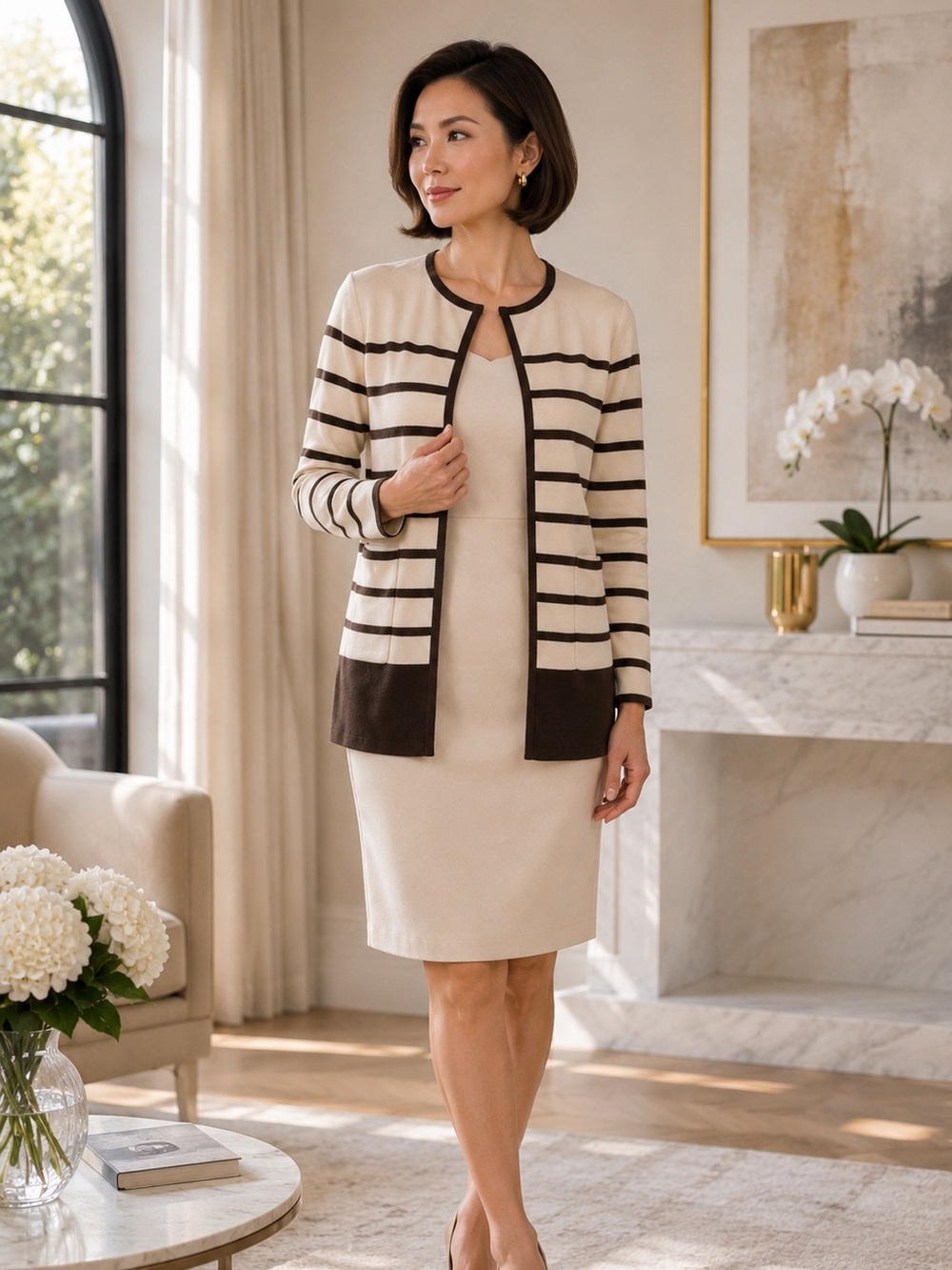 St. John Taupe and Cream Stripes Open Front Cardigan – Size M (US 8)
